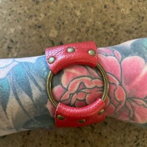 Red Leather Bracelet with Brass Accents